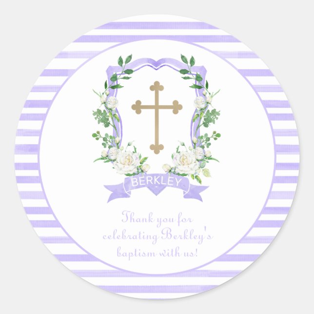 Pegatina Redonda Baptismo Escudo morado floral gracias (Anverso)
