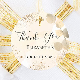 Pegatina Redonda Baptismo eucalipto purpurina de oro Gracias