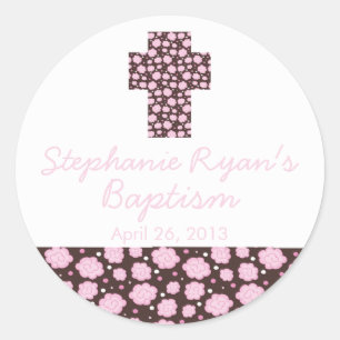 Pegatina Redonda Baptismo floral de cruz rosa marrón moderno favore