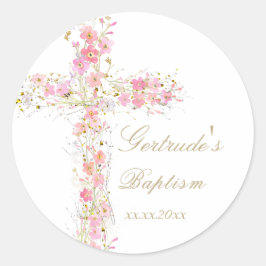 Pegatina Redonda Baptismo flores rosadas cruza a niña