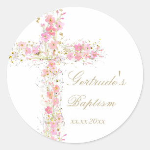 Pegatina Redonda Baptismo flores rosadas cruza a niña