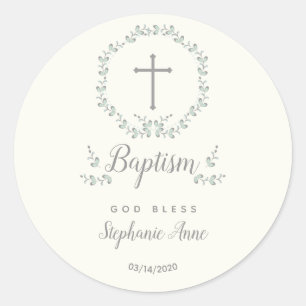 Pegatina Redonda Baptismo Leaf azul y verde Wreath