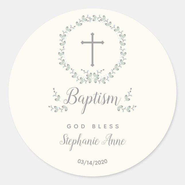 Pegatina Redonda Baptismo Leaf azul y verde Wreath (Anverso)