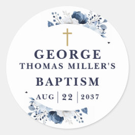 Pegatina Redonda Baptismo moderno botánico azul de la marina