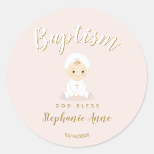 Pegatina Redonda Baptismo Niña Bebé con Bonnet