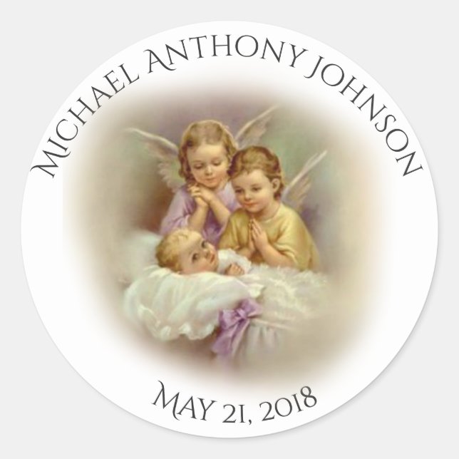 Pegatina Redonda Baptismo Niño niño o ángeles Chicas rezando (Anverso)