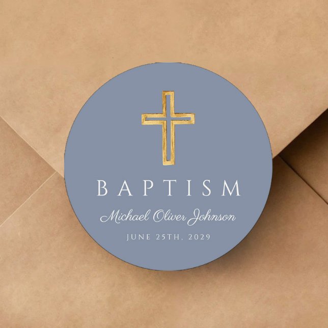 Pegatina Redonda Baptismo religioso de chico azul turbio (Religious Cross Dusty Blue Boy Baptism Classic Round Sticker)