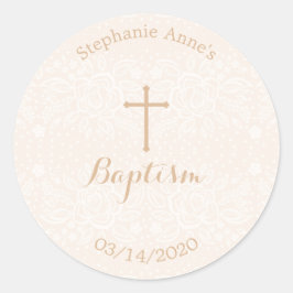 Pegatina Redonda Baptismo Rubor Lazo floral rosado Delicado