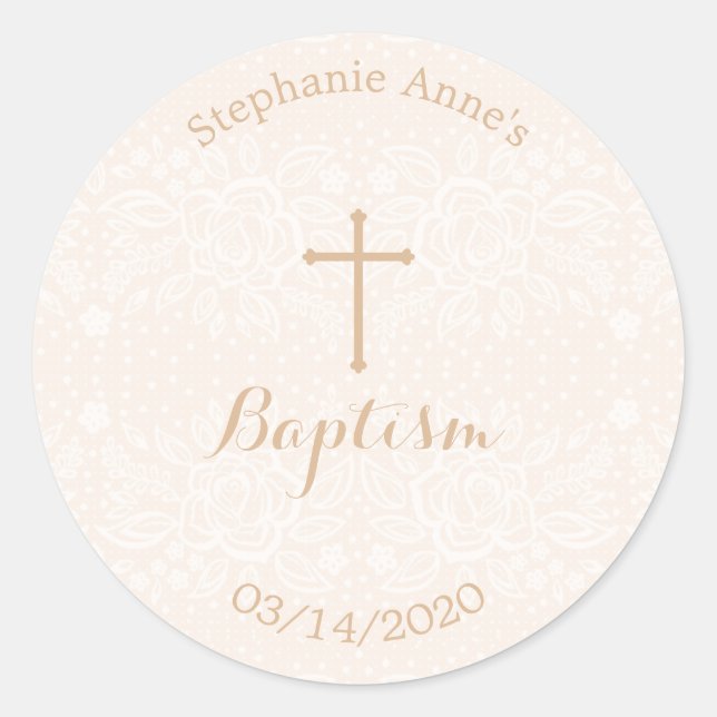 Pegatina Redonda Baptismo Rubor Lazo floral rosado Delicado (Anverso)