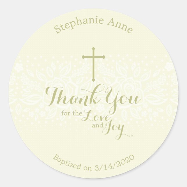Pegatina Redonda Baptismo Sage Delicada Lace Floral (Anverso)