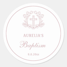 Pegatina Redonda Baptismo simple de la cruz rosa floral