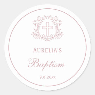 Pegatina Redonda Baptismo simple de la cruz rosa floral