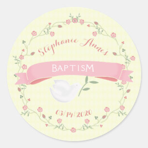 Pegatina Redonda Baptismo Vela Floral Rosa