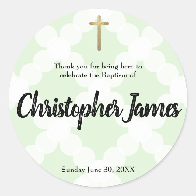 Pegatina Redonda Baptismo verde de bebé personalizado gracias (Anverso)