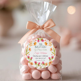 Pegatina Redonda Baptismo y flores rosas de primer cumpleaños