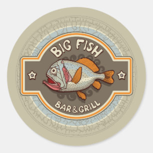 Pegatina Redonda Bar Big Fish Y Poster Grill