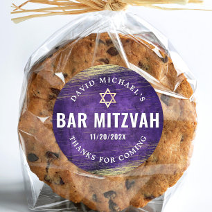 Pegatina Redonda Bar Mitzvah Acuarela Moderno Foil Dorado Púrpura