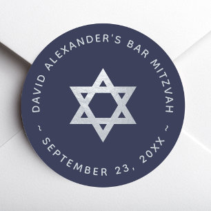 Pegatina Redonda Bar Mitzvah Azul Marino - Estrella de David de Pla