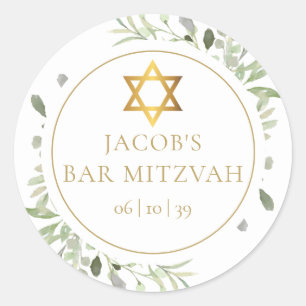 Pegatina Redonda Bar Mitzvah de Vegetación Acuarela