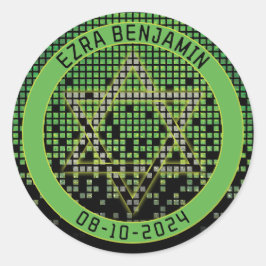 Pegatina Redonda Bar Mitzvah de Videojuegos Negro Verde del Jugador