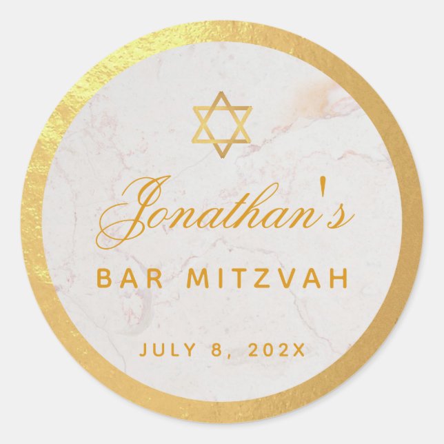 Pegatina Redonda Bar Mitzvah Elegante Faux Gold Marble Calligraphy (Anverso)