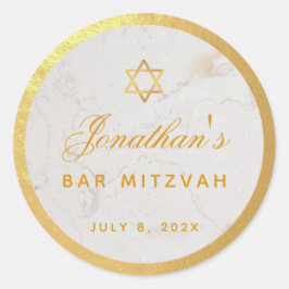 Pegatina Redonda Bar Mitzvah Elegante Faux Gold Marble Calligraphy