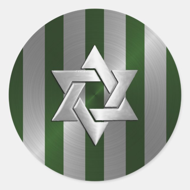 Pegatina Redonda Bar Mitzvah Emerald & Silver Stripe Star of David (Anverso)