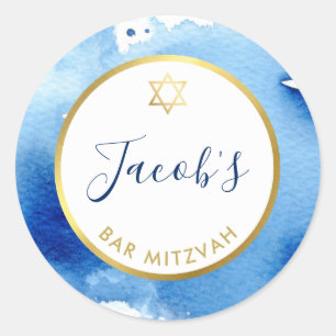 Pegatina Redonda BAR MITZVAH estrella dorada inteligente color azul
