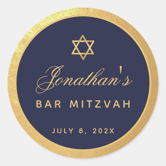 Pegatina Redonda Bar Mitzvah Navy Blue Faux Gold Elegant Script (Anverso)