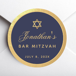 Pegatina Redonda Bar Mitzvah Navy Blue Faux Gold Elegant Script