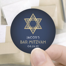Pegatina Redonda Bar Mitzvah Navy Blue White & Gold Star de David