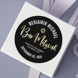 Pegatina Redonda Bar Mitzvah Negro Oro Foil Script Negrita Moderno