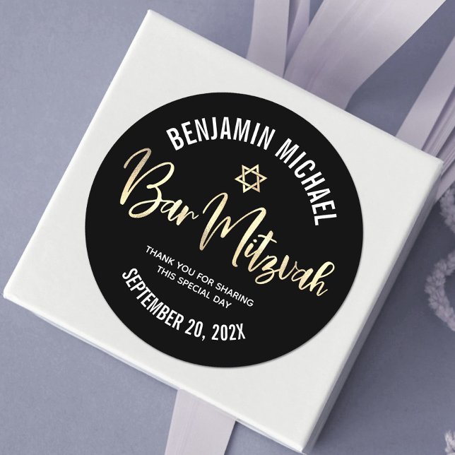 Pegatina Redonda Bar Mitzvah Negro Oro Foil Script Negrita Moderno (Subido por el creador)