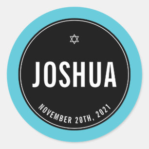 Pegatina Redonda BAR MITZVAH simple y moderno negro azul turquesa