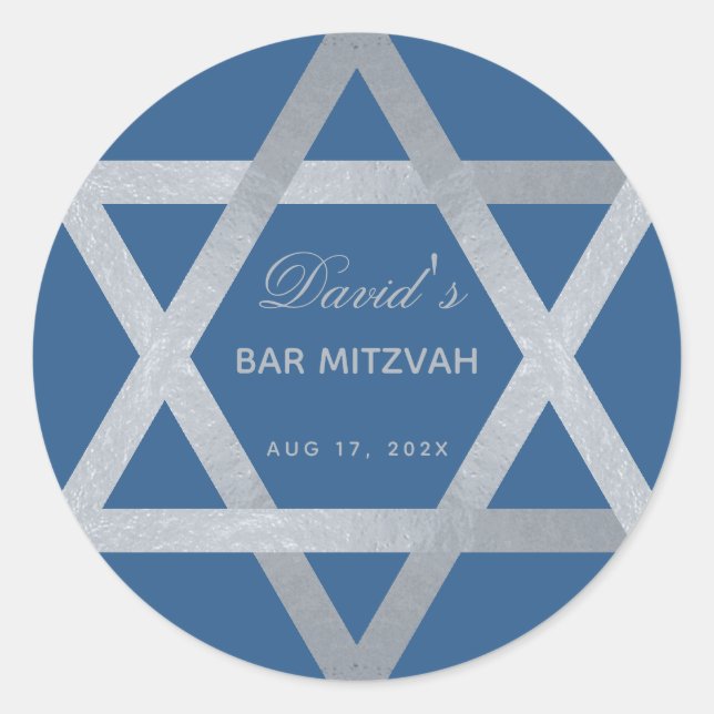 Pegatina Redonda Bar Mitzvah Star of David Classic Blue Faux Silver (Anverso)
