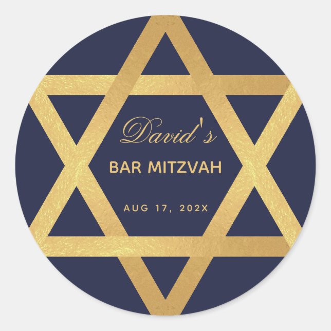 Pegatina Redonda Bar Mitzvah Star of David Navy Blue Faux Relieve m (Anverso)