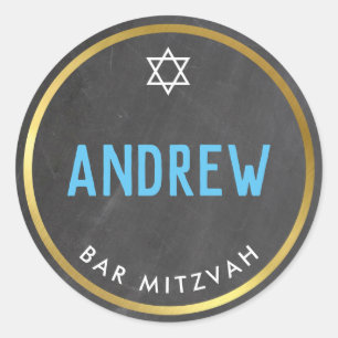 Pegatina Redonda BAR MITZVAH tipo negrita inteligente oro gris agua