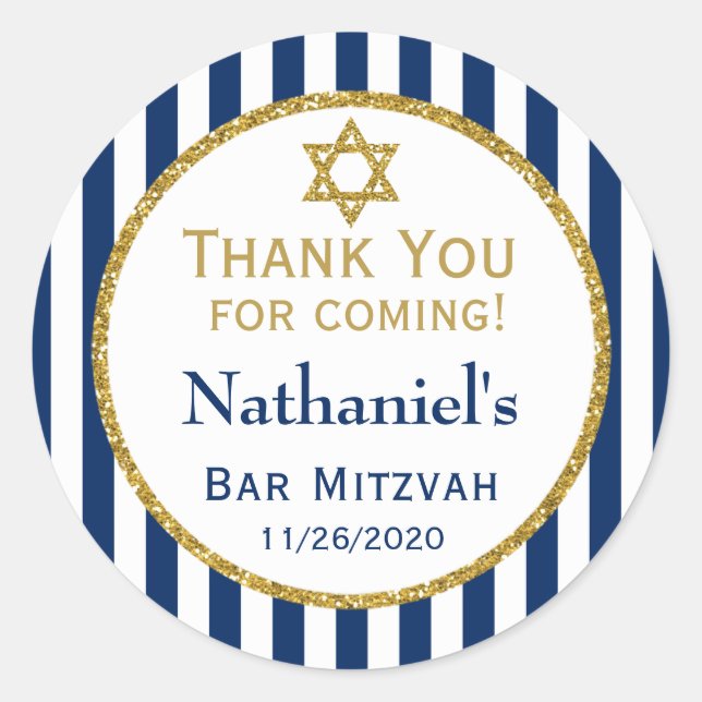 Pegatina Redonda Bar Navy Blue Gold Bar Mitzvah Gracias Por Favor T (Anverso)