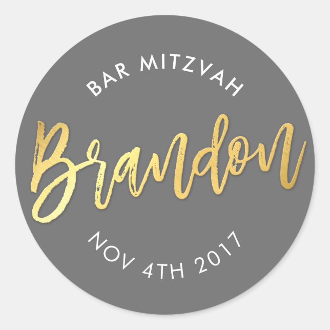 Pegatina Redonda Bar personalizado Mitzvah para Brandon gris + oro (Anverso)