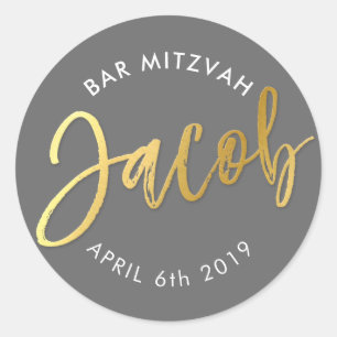 Pegatina Redonda Bar personalizado Mitzvah para Jacob gray + Faux g