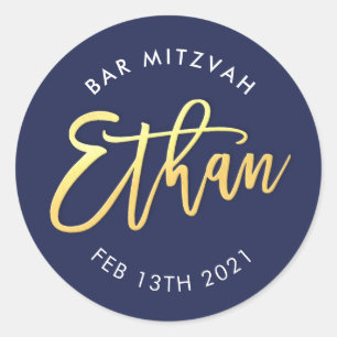 Pegatina Redonda Bar personalizado Mitzvah para la marina Ethan + o