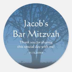 Pegatina Redonda Bar Rustic Blue Tree of Life Mitzvah