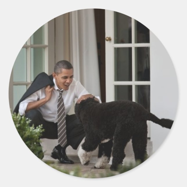 Pegatina Redonda Barack y Bo Obama (Anverso)