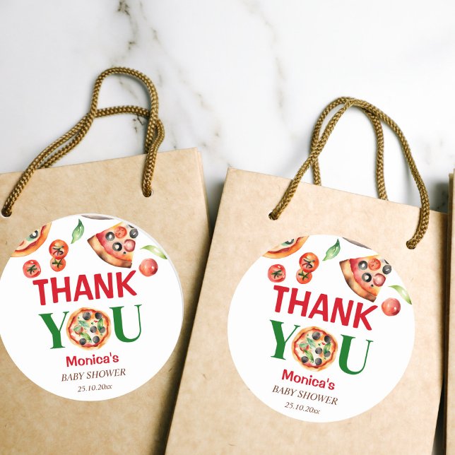 Pegatina Redonda Baraja de rebanada de la ducha de bebé Pizza itali (Slice slice baby shower Italian pizza favor Sticker pizza party thank you stickers red green white)