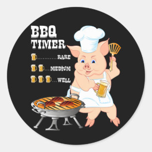 Pegatina Redonda Barbacoa   BBQ Timer Pig Grill Barbecue Beer Lover