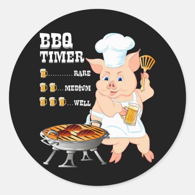 Pegatina Redonda Barbacoa | BBQ Timer Pig Grill Barbecue Beer Lover (Anverso)