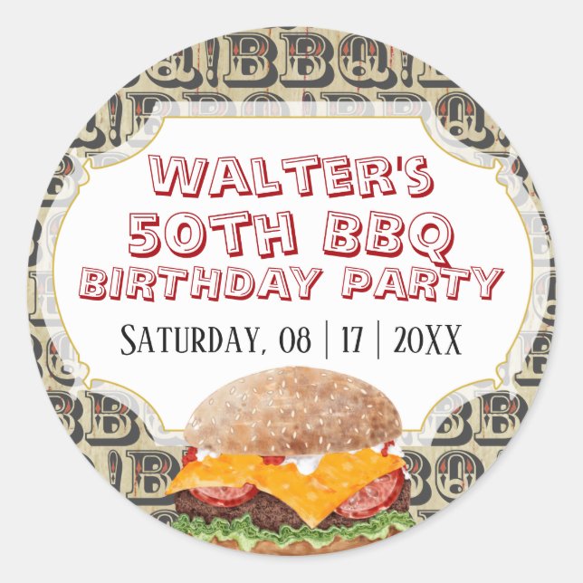 Pegatina Redonda Barbacoa Cheeseburger Cualquier cumpleaños de edad (Anverso)