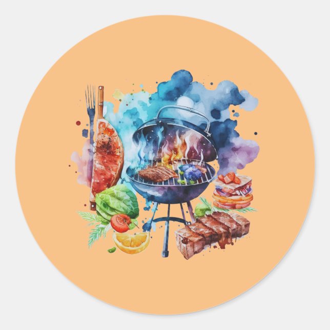 Pegatina Redonda barbacoa y parrilla (Anverso)