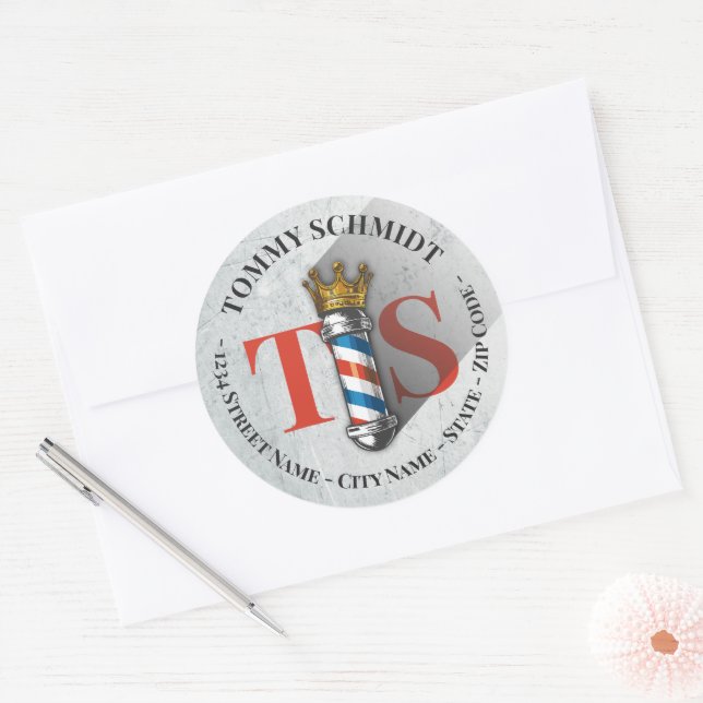 Pegatina Redonda Barber Hair Shop Crown Barber Polo Salon Dirección (Sobre)