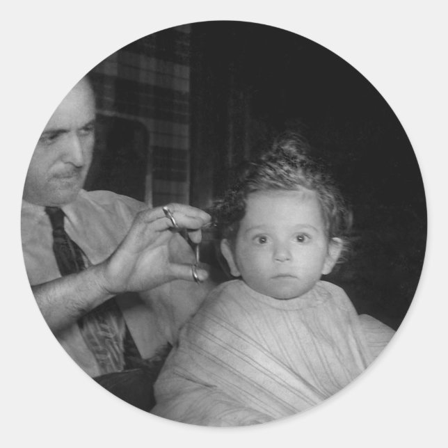 Pegatina Redonda Barbero - Primer corte de pelo (Anverso)